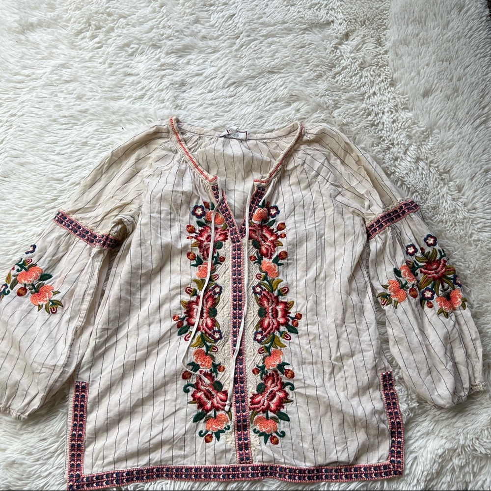 Johnny Was Cream Floral Embroidered Blouse